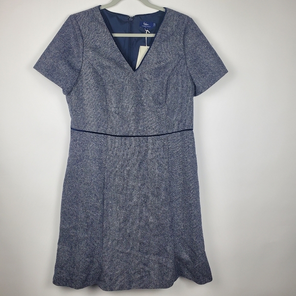 BODEN British Tweed Herringbone Dress Albony Wool Short Sleeve Knee Length Navy - Picture 3 of 7
